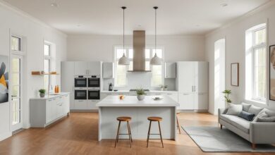 Cozinha planejada com ilha central, tons neutros e luz natural abundante.