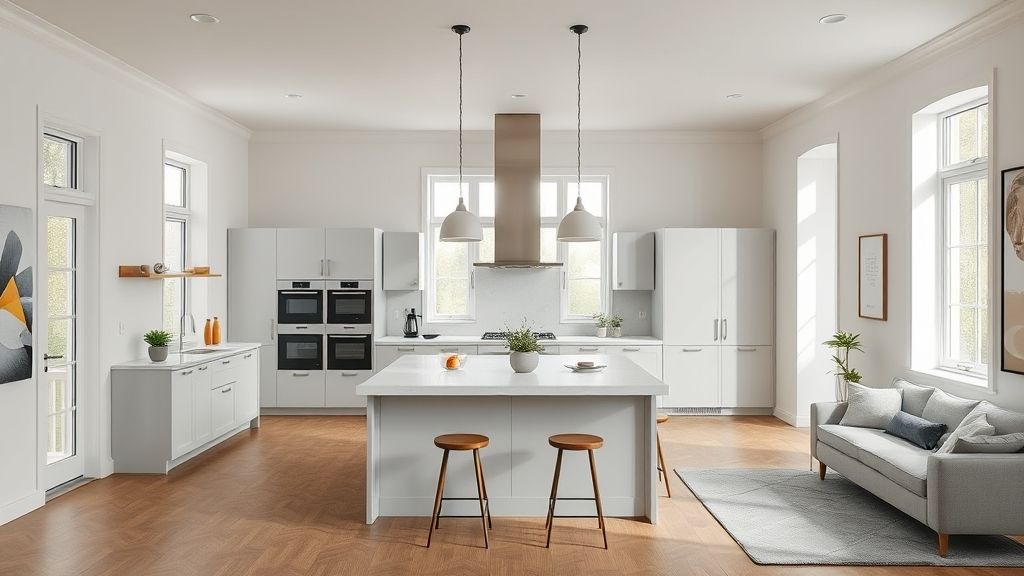 Cozinha planejada com ilha central, tons neutros e luz natural abundante.