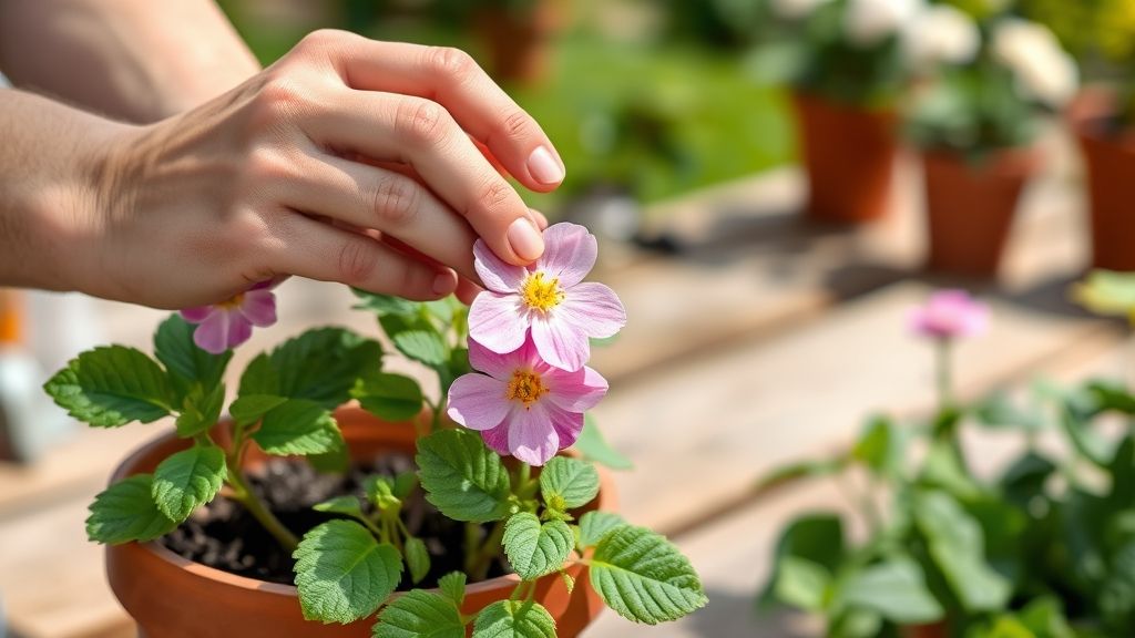 Close de mãos adubando vaso com planta florindo.