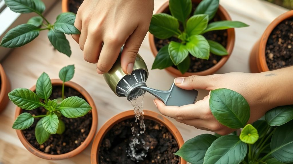 Mãos cuidando de vasos com plantas purificadoras, mostrando rega e drenagem adequada.