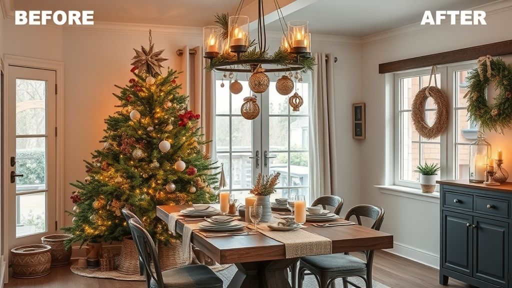 Ambiente completo decorado com árvore iluminada, mesa posta e guirlanda natural.
