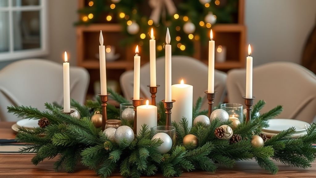 Mesa natalina com arranjo sustentável, guirlanda e velas acesas.