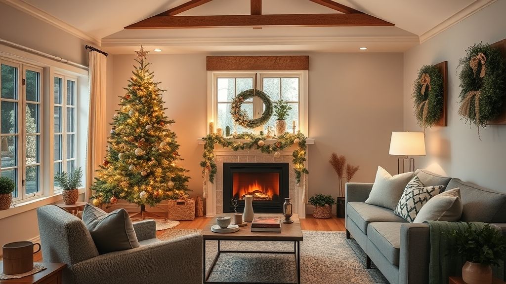 Sala iluminada com árvore, guirlandas e arranjos prontos para o Natal.