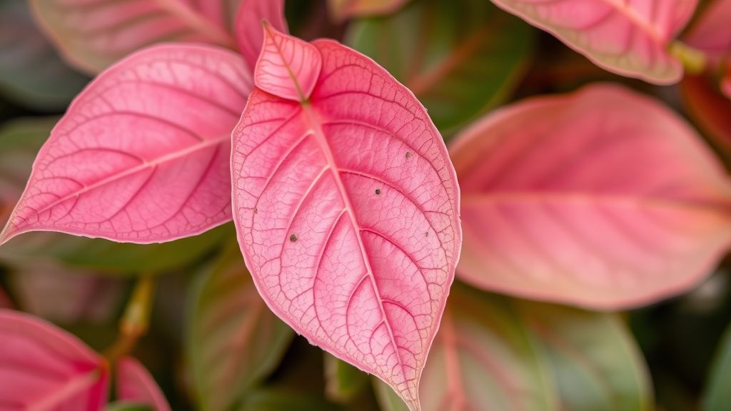 Close das folhas rosadas e verdes da Ficus Elastica Ruby mostrando textura e brilho natural.