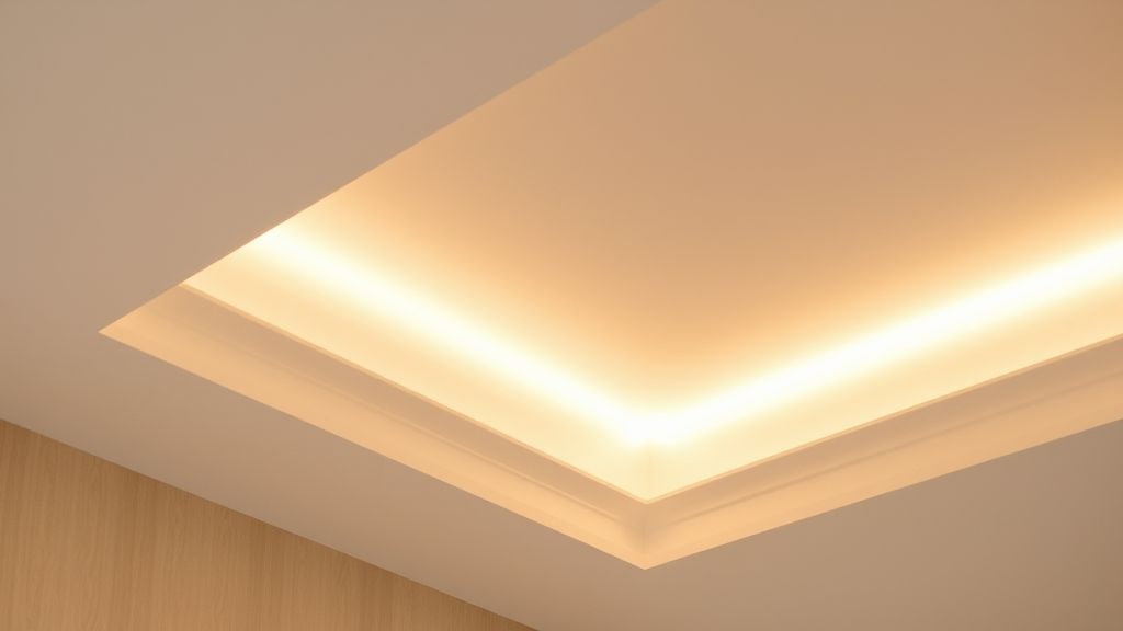Close-up de sanca de gesso com fita de LED embutida e difusor leitoso.