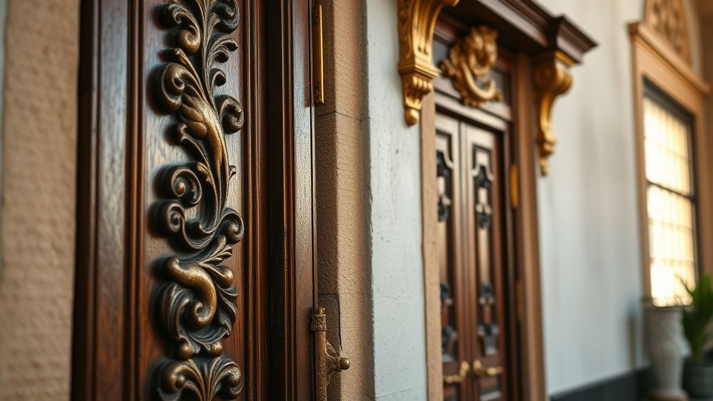 Close de portas e janelas entalhadas com detalhes dourados e madeira escura.