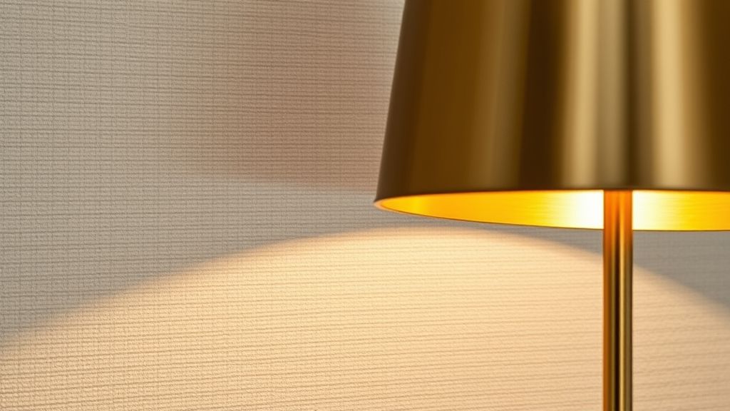 Close-up de luminária dourada e parede texturizada em ambiente sofisticado.