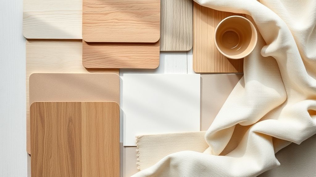 Close de texturas de madeira, cerâmica e tecidos usados na decoração.