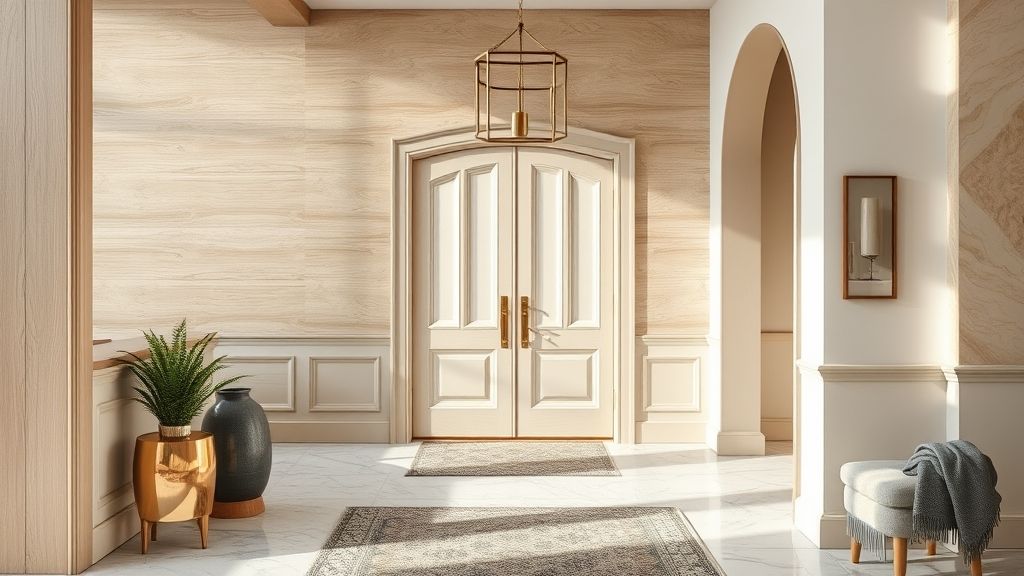 Close em materiais como madeira clara, mármore e metal escovado usados na decoração.