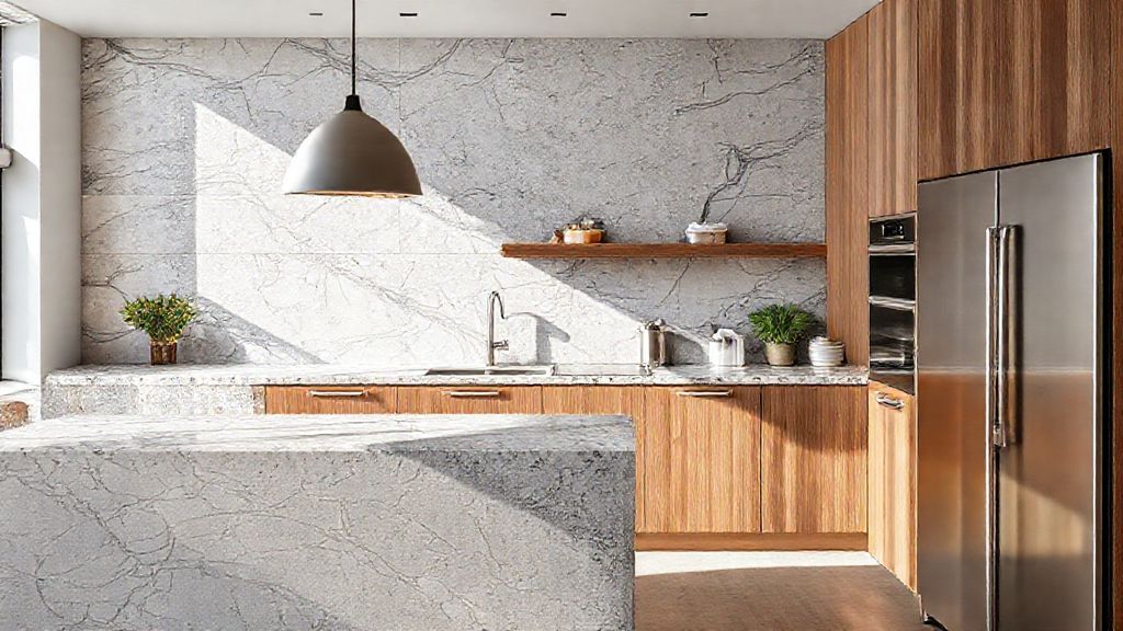 Close de materiais usados em área gourmet como madeira, inox e granito.