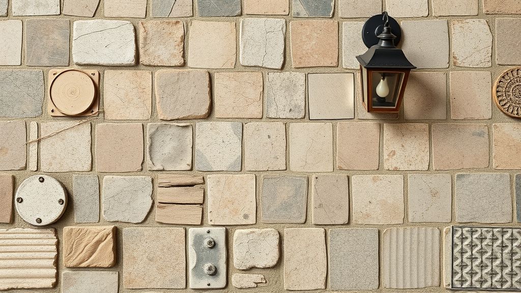 Texturas de pedra portuguesa, azulejos e madeira rústica usados na decoração