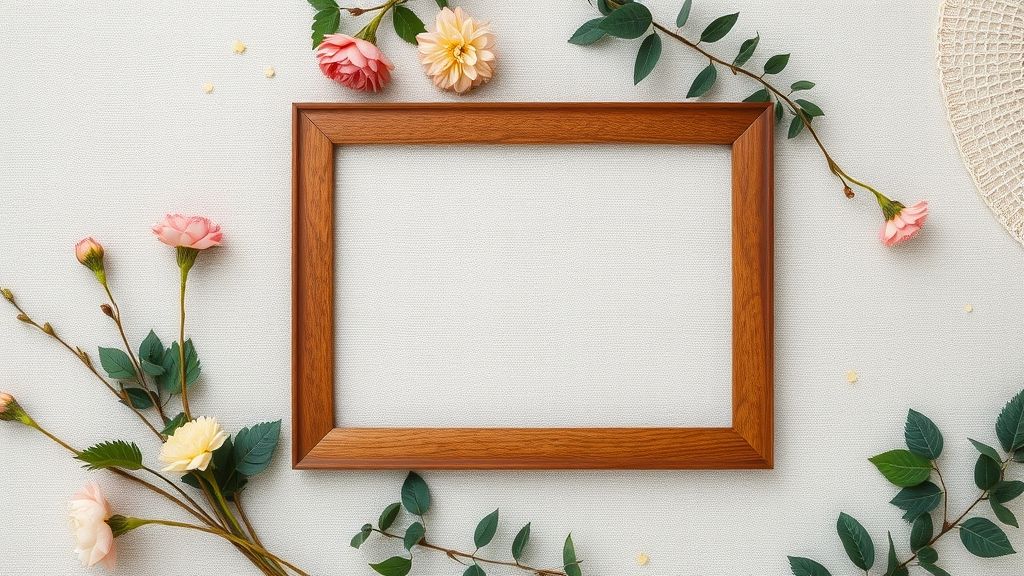 Close de molduras de madeira, alumínio e canvas com estampas florais delicadas.