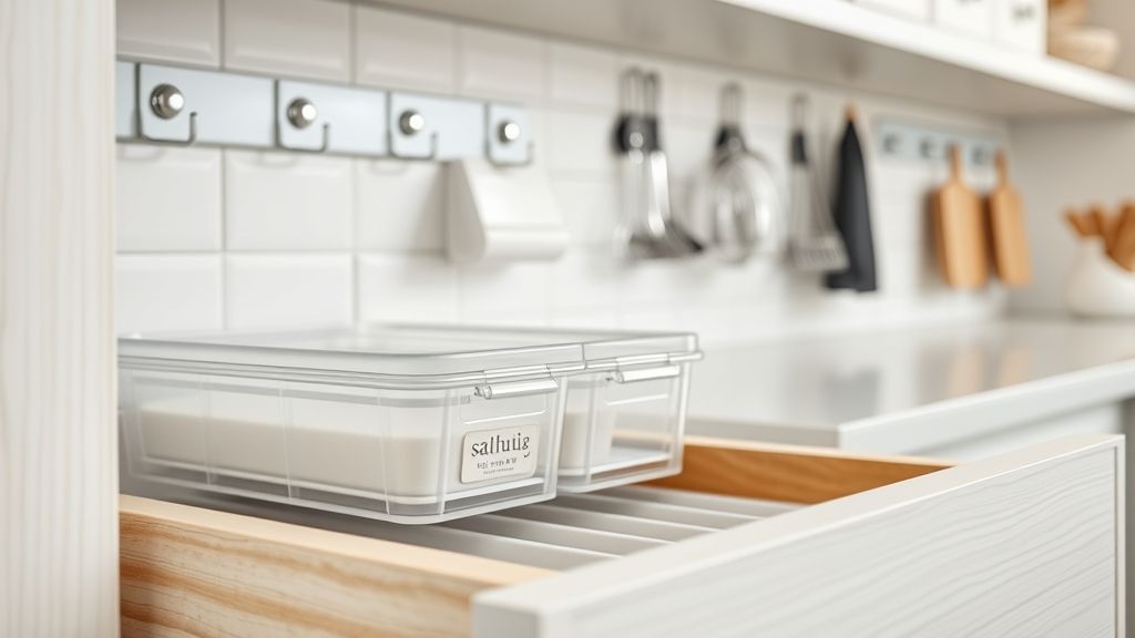 Close-up de divisórias, prateleiras e ganchos em uma cozinha pequena organizada.