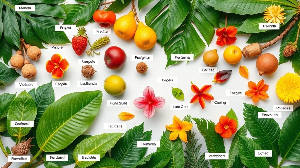 Várias espécies de árvores tropicais com flores e frutas dispostas em um jardim residencial.