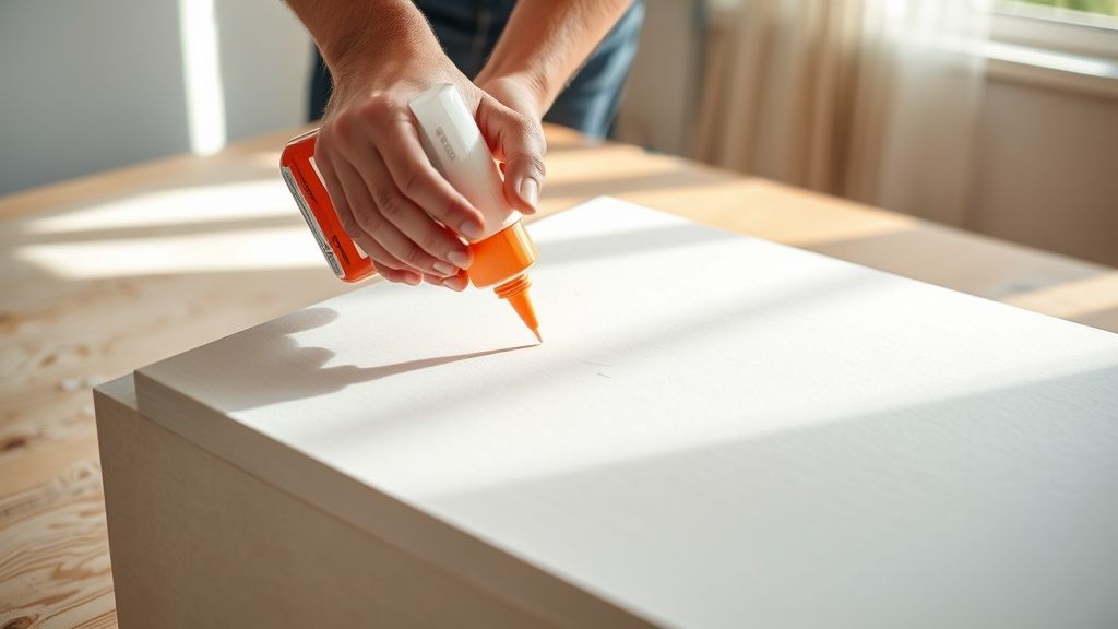 Mãos aplicando cola e fixando espuma sobre a base de MDF.