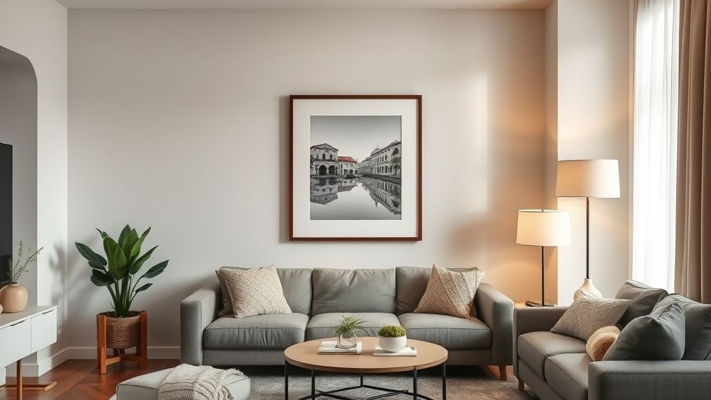 Mãos ajustando luminária e quadro na parede, mostrando o processo de valorização do ambiente.