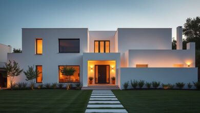 Casa contemporânea com fachada branca, iluminação quente e jardim lateral.