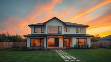Fachada de casa iluminada ao entardecer, destacando ângulo amplo para anúncio online.