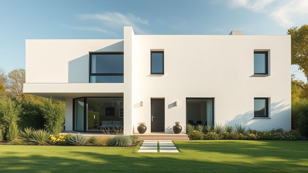 Fachada de uma casa de isopor bem acabada com jardim lateral.