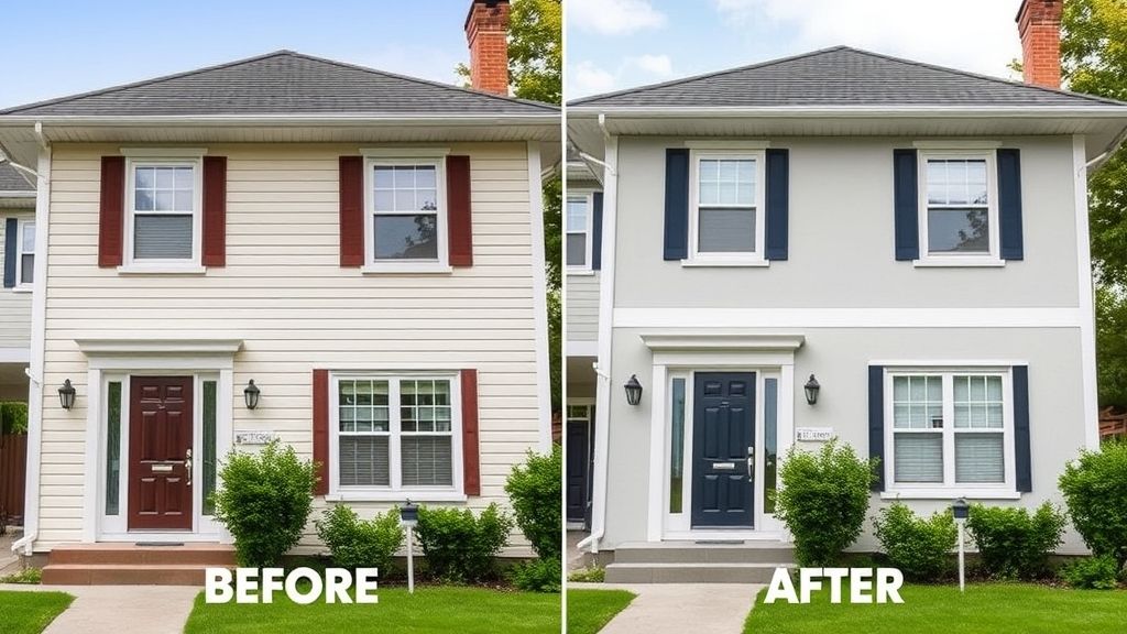 Comparação de antes e depois de uma fachada de casa pintada, mostrando transformação estética.