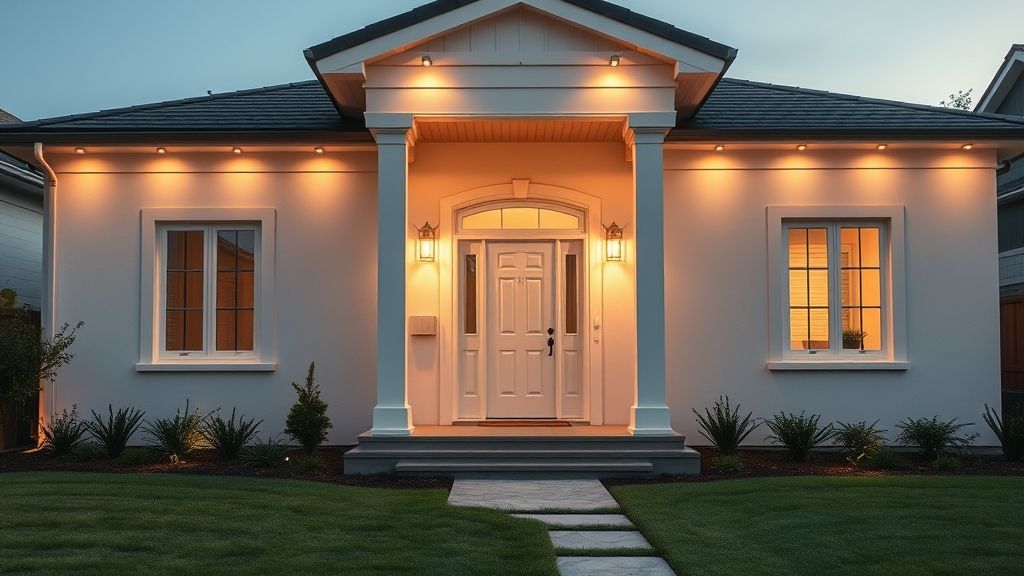 Fachada de casa com pintura nova em tons neutros e iluminação externa quente.