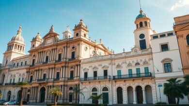 Vistas amplas de prédios históricos do Brasil com estilos variados, do barroco ao modernismo.