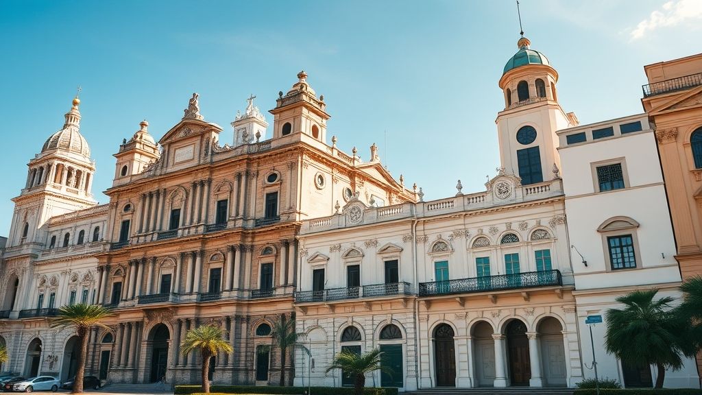 Vistas amplas de prédios históricos do Brasil com estilos variados, do barroco ao modernismo.