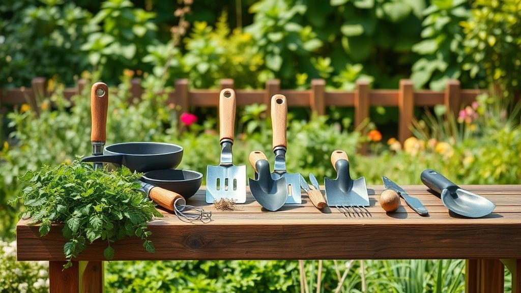 Conjunto organizado de ferramentas de jardinagem em um jardim ensolarado.