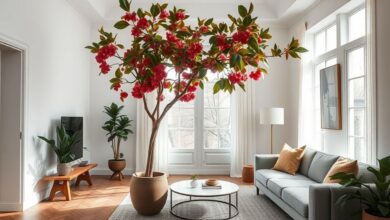 Ficus Elastica Ruby em vaso de cerâmica em sala de estar moderna e iluminada.