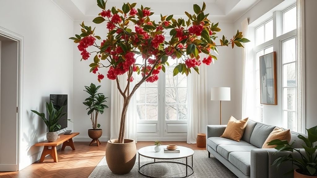 Ficus Elastica Ruby em vaso de cerâmica em sala de estar moderna e iluminada.