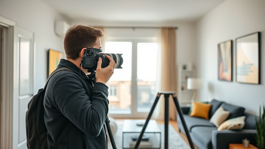 Pessoa usando câmera profissional para registrar ângulos amplos de um apartamento.
