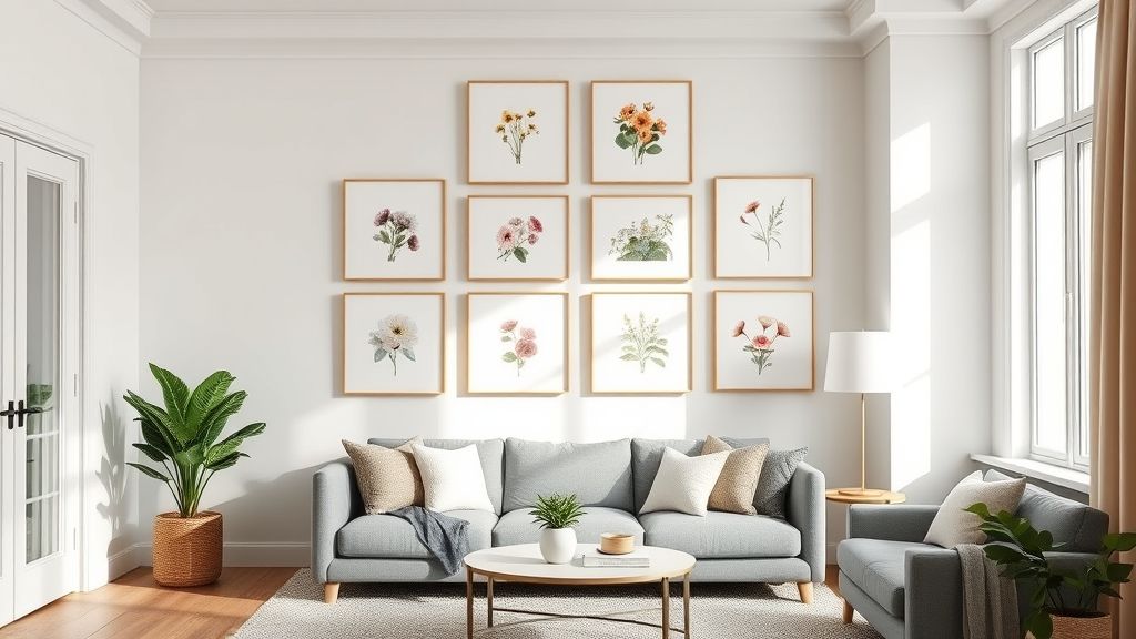 Parede decorada com várias obras florais em molduras leves, estilo escandinavo.