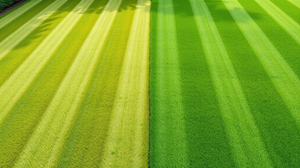 Comparativo visual de um gramado antes e depois do corte com cortador.