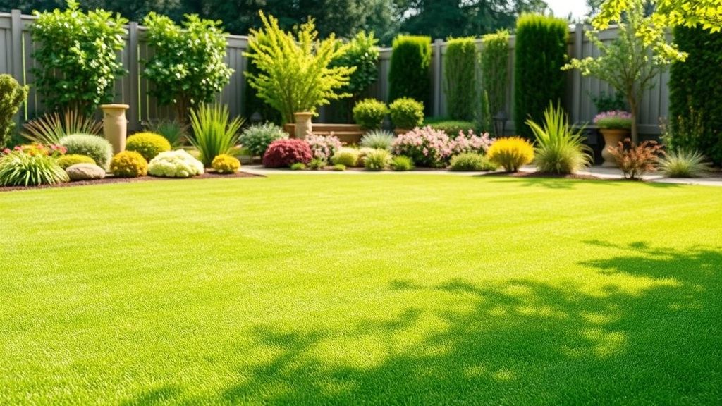 Jardim residencial com grama bem aparada e bordas definidas.