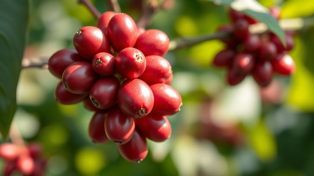Ramo de café com frutos vermelhos prontos para colher.