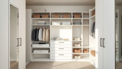 Visão geral de um closet moderno com organizador de guarda-roupa e caixas padronizadas.