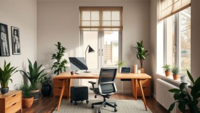 Espaço moderno de trabalho em casa com mesa de madeira clara e luz natural.