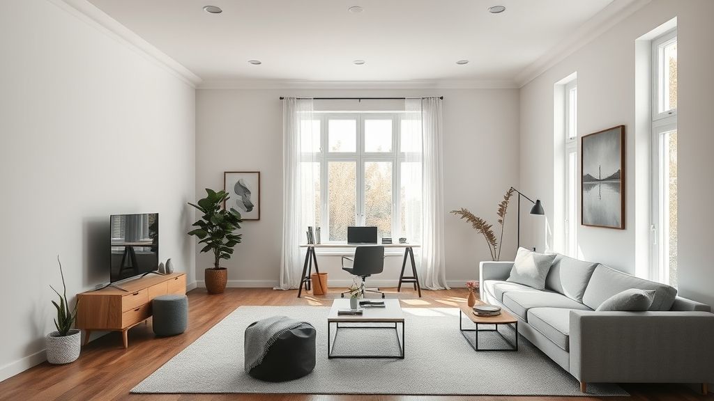 Sala de estar com canto de home office iluminado e organizado.
