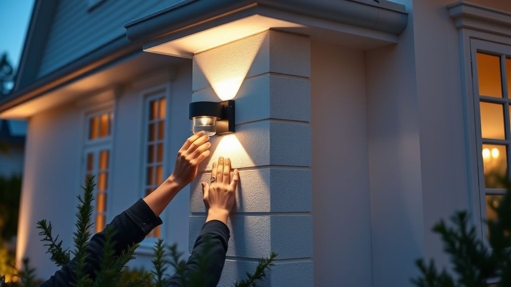 Fachada branca sendo iluminada por luminárias de piso e arandelas.