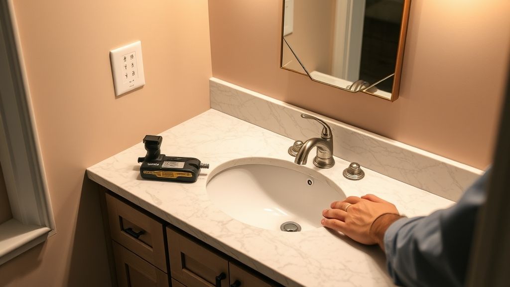 Profissional instalando bancada de quartzo em lavabo pequeno e iluminado.