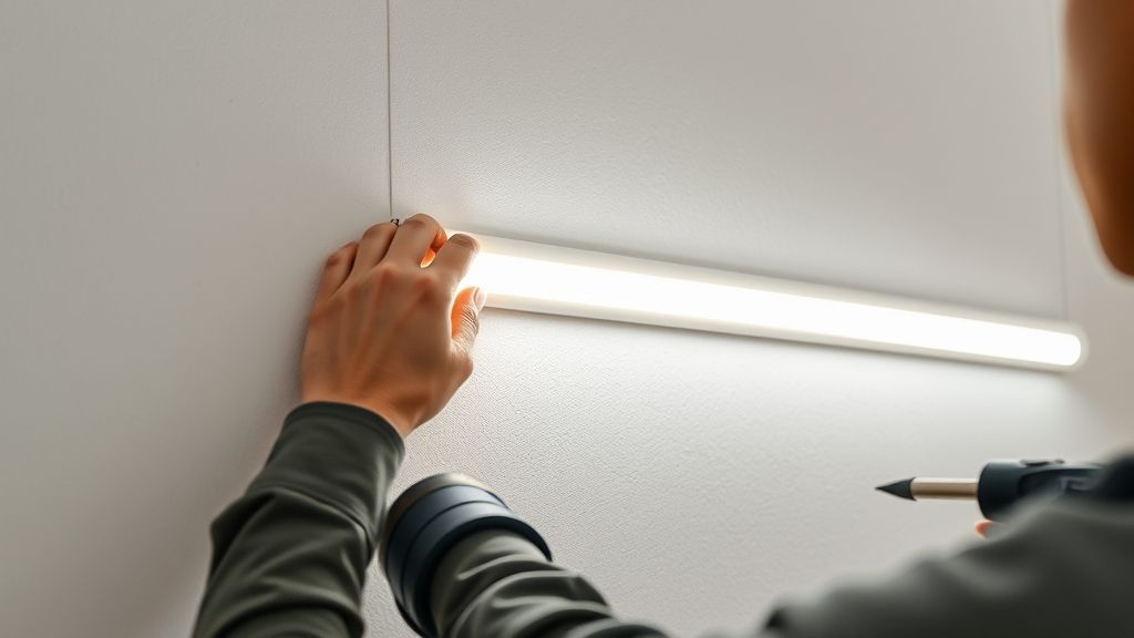 Etapa de instalação de perfis de LED em painel de gesso com ferramentas.
