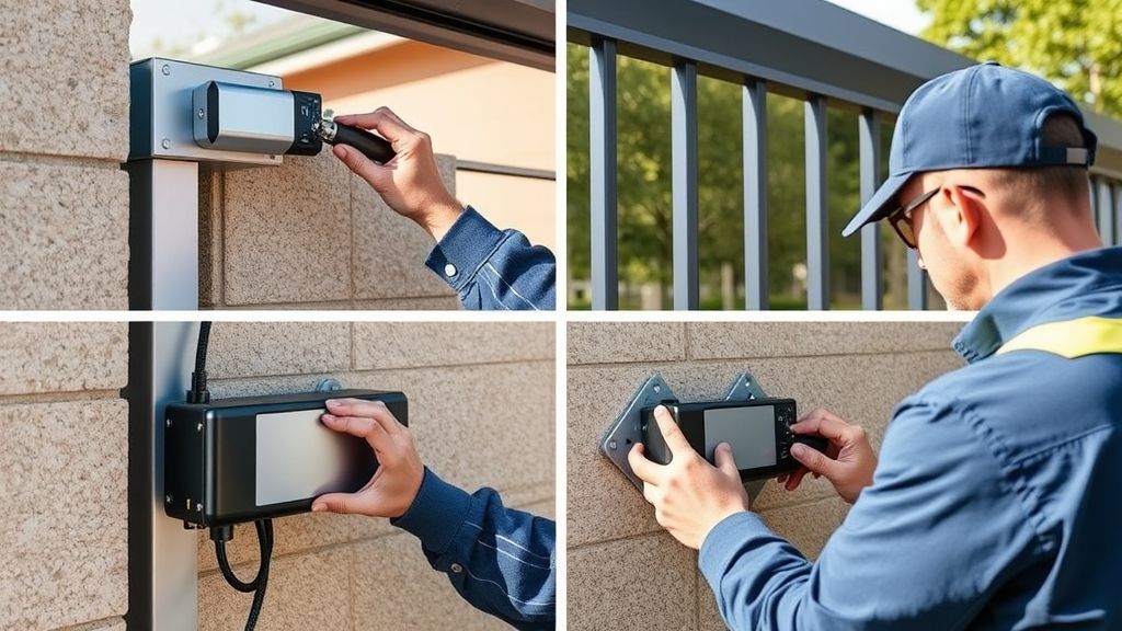 Profissional instalando motor e sensores em portão de correr metálico.
