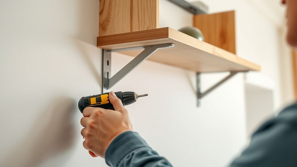 Mãos fixando suporte de prateleira na parede usando furadeira e nível de bolha.
