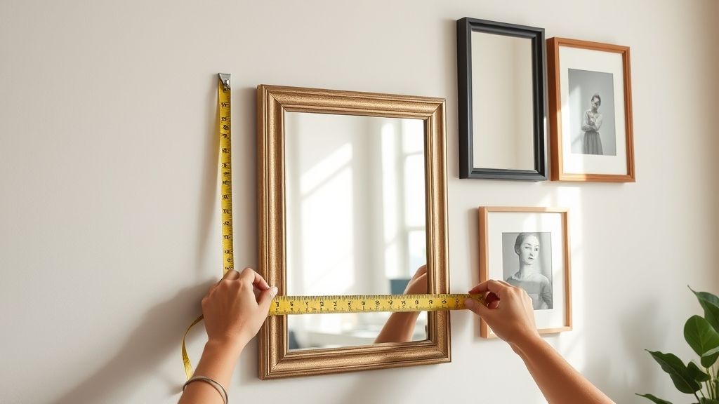 Mãos posicionando espelho e quadros com fita métrica e nível.