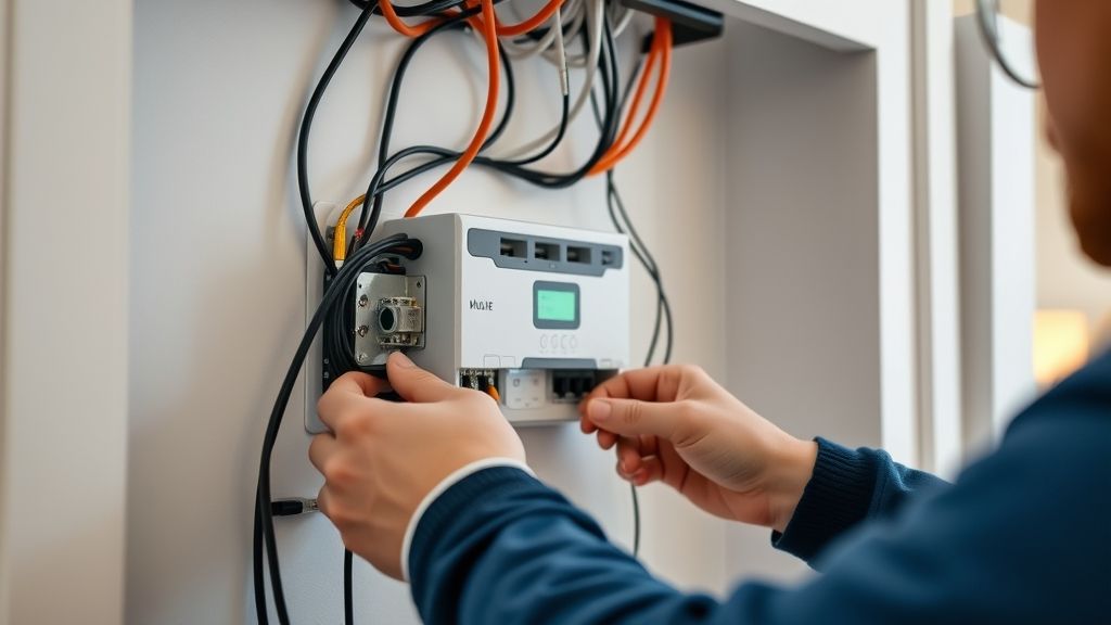 Técnico conectando cabos e configurando painel central de automação em uma residência.