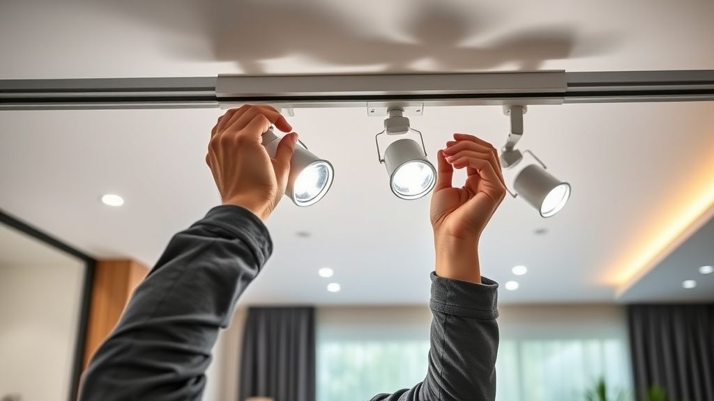 Profissional instalando trilho de LED em sala moderna com ferramentas organizadas.