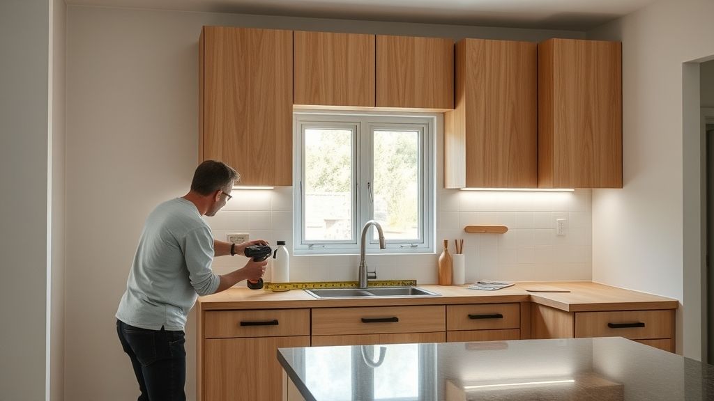 Etapa de montagem de cozinha mostrando medidas e posição de móveis e iluminação.