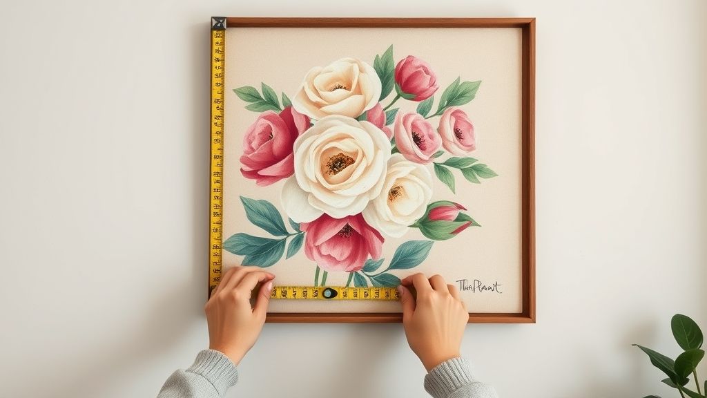 Pessoa medindo e fixando quadro floral na parede com fita métrica e nível.