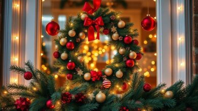 Janela decorada para o Natal com guirlandas, luzes LED e enfeites clássicos.