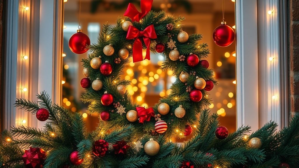 Janela decorada para o Natal com guirlandas, luzes LED e enfeites clássicos.